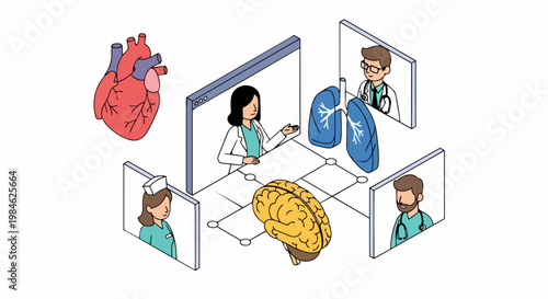 Telemedicine and Digital Healthcare Concept Illustration with Medical Team and Human Organs