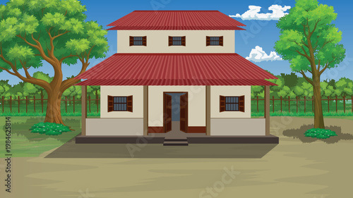 Grunge background illustrator a charming twostory house with a red roof and cream walls surrounded by lush green trees on a sunny day