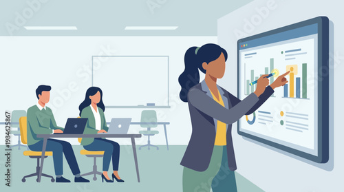 Business Woman Presenting Data Analytics on Large Digital Screen