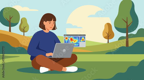 Woman Analyzing Data on Laptop in Nature Vector Illustration