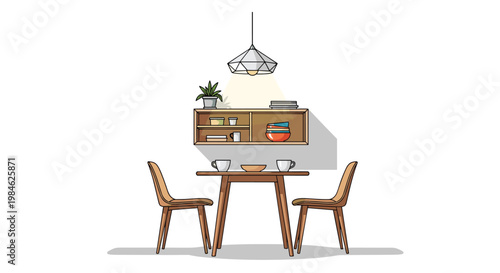 Simple dining area design features a rectangular wooden table, two chairs, and a wall-mounted wooden shelf with kitchenware, illuminated by a geometric pendant lamp.