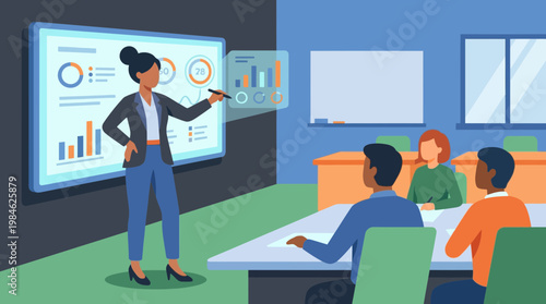 Businesswoman presenting data analytics on large digital screen