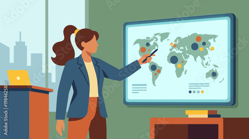 Businesswoman giving a presentation with global map data visualization
