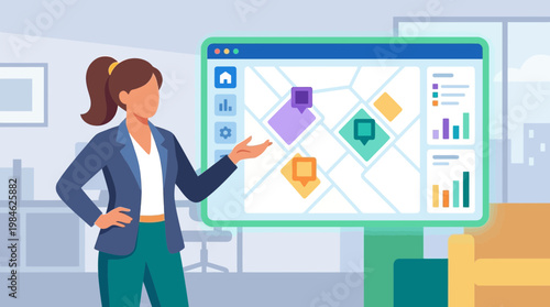 Businesswoman presenting data dashboard with map and charts in office