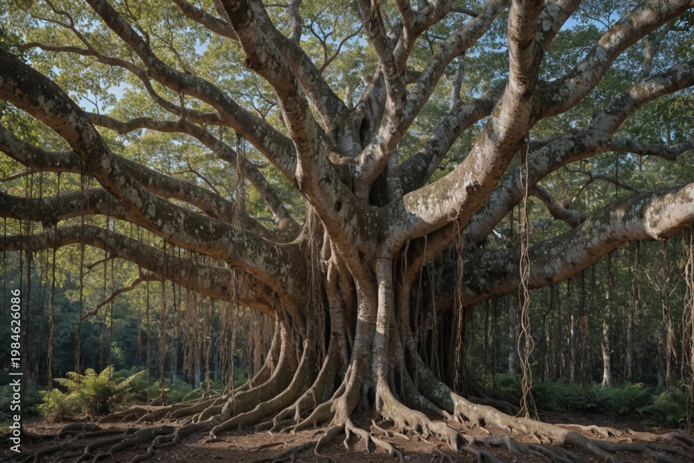 Fototapeta premium Ancient Banyan Tree with Expansive Roots and Branches in Lush Forest Landscape, Natural Wonder and Serenity