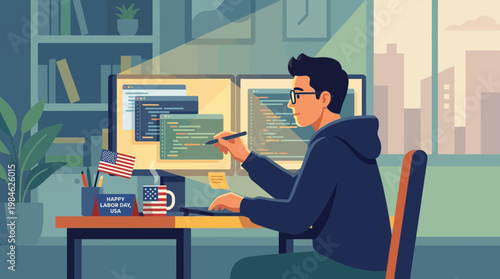 Software Developer Working on Labor Day in American Office