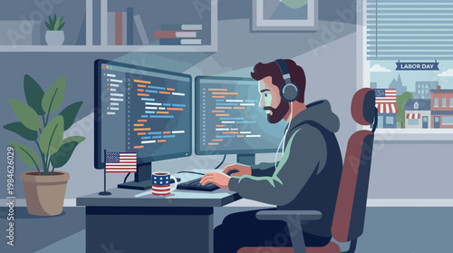 Software Developer Working on Labor Day at Home Office Illustration