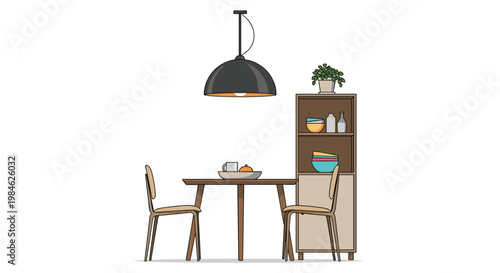 Minimalist dining area features a rectangular wooden table, two chairs, and a tall wooden cabinet with open shelves, all illuminated by a sleek black pendant lamp.