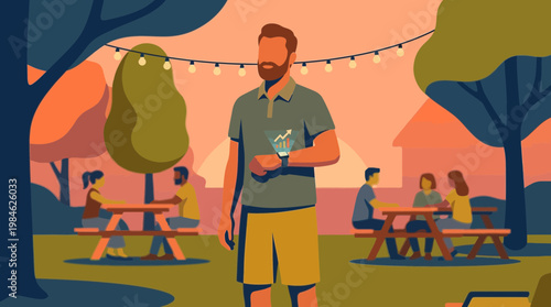 Man checking business data on holographic smartwatch at sunset park