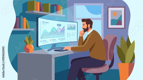 Man analyzing data on computer monitor in home office illustration