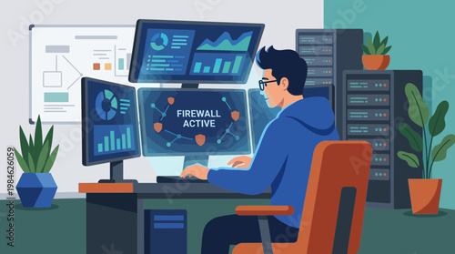 Cybersecurity Specialist Monitoring Network Firewall in Server Room