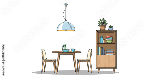 Fresh dining area design displays a round wooden table, two chairs, and a tall wooden cabinet with open shelves and books, illuminated by a light blue pendant lamp.