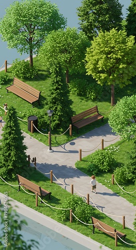 Summer Park Pathway, Benches, Trees, Green Landscape