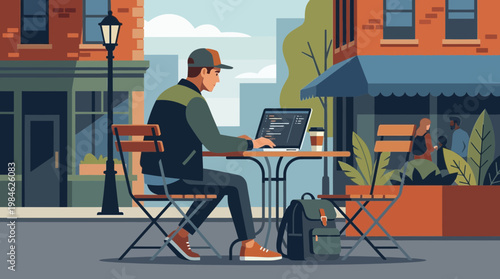 Young Programmer Working on Laptop at Outdoor City Cafe Illustration