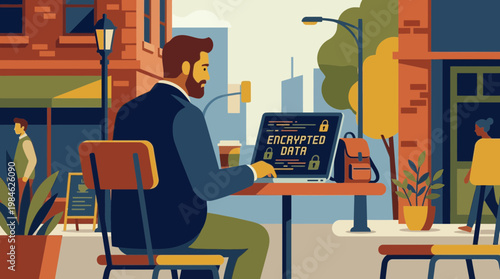 Man working on encrypted data at outdoor cafe illustration