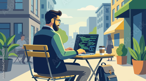 Digital Nomad Working on Laptop at Outdoor City Cafe Illustration