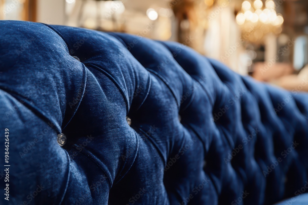 Obraz premium Close-up of a luxurious deep blue velvet tufted sofa with crystal accents, elegant interior detail.
