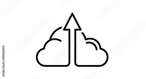 An upward arrow rises between two clouds in a simple line drawing representing growth or increase in a digital or abstract environment from a side viewpoint.