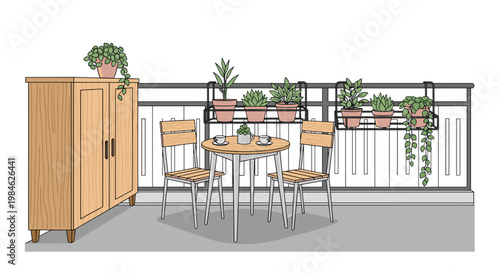 Contemporary balcony arrangement with a wooden storage cabinet, a round white table, two modern wooden chairs, and lush potted plants adorning the railing.