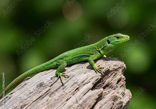 Green Lizard on Wood, Reptile on Log, Wild Animal