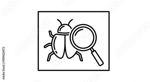A magnifying glass examines a detailed insect illustration in a square frame closely.