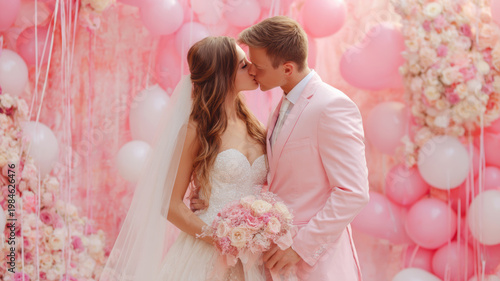 Romantic love theme for Valentines Day. A bride and groom passionately embracing and kissing in front of a backdrop of pink and white balloons and flowers. The bride holds a bouquet of flowers.
