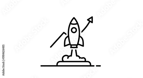 The rocket ship is launching into the air with an upward arrow on a simple background illustration.
