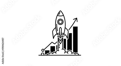 A rocket ship successfully launches into the sky with a graph and chart nearby showing rapid growth and progress.