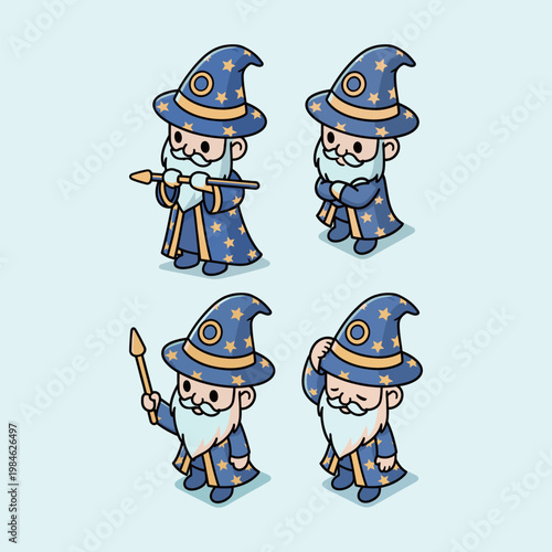 Cute isometric wizard character set with magic staff and blue star robe, kawaii fantasy sorcerer magician mascot for game assets and children book illustration