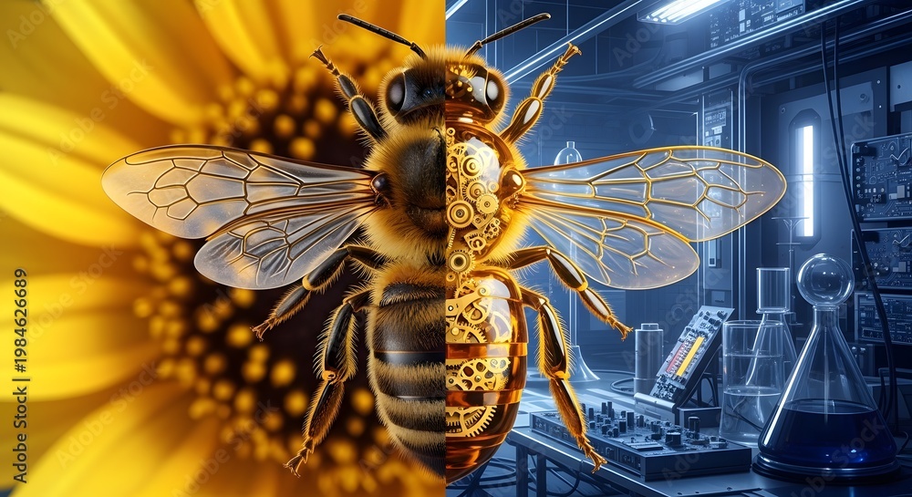 Naklejka premium A premium reimagining of the bee illustrations. This version uses refractive glass and gold gears to create a high-end scientific-fantasy aesthetic for premium stock collections. 