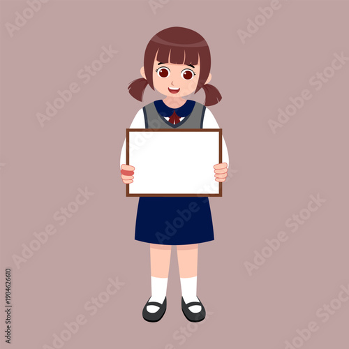 Excited schoolgirl holding a blank white board for your message or information
