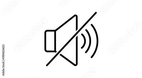 A graphic illustration of a sound icon with a line through it, indicating silence or mute, on a white background, featuring a speaker and sound waves.
