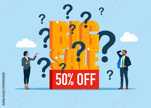 Banner big sale with an question marks. Huge Discount in question. Modern vector illustration in flat style