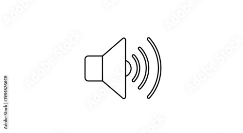 A simple line drawing of a loudspeaker emitting sound waves in a minimalist style indoors