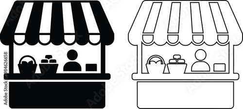 Vector icon set of a local market stall and retail grocery shop booth with a vendor seller and striped awning in black silhouette and line outline styles