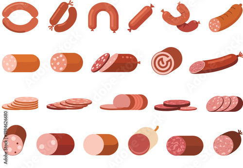 Sausages vector set, meat products collection featuring pork sausage chorizo salami ham beef cuts pepperoni and smoked chicken, butcher shop market food illustration style, rich realistic textures, 