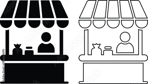 Minimalist flat vector icon set featuring an outdoor street market vendor stall booth with a seller and striped awning in clean solid black silhouette and linear outline styles.