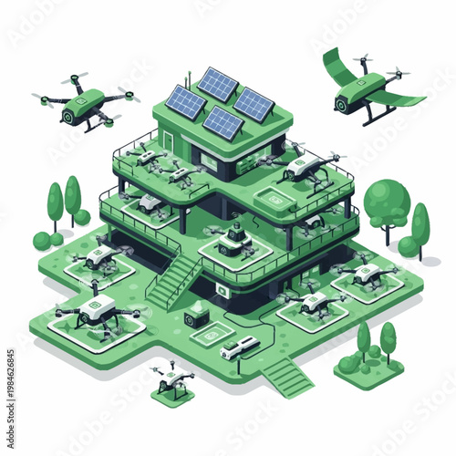 Modern Drone Technology Hub with Solar Power and Green Architecture.