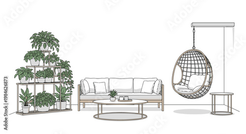 Spacious outdoor balcony features a large tiered plant stand, a comfortable three-seater sofa, a coffee table, a stylish hanging egg chair, and a small round side table.