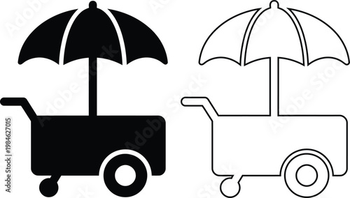 Vector icon set of street food vendor pushcart with umbrella in solid black silhouette and line outline styles isolated on white background for outdoor retail market snack kiosk stall.