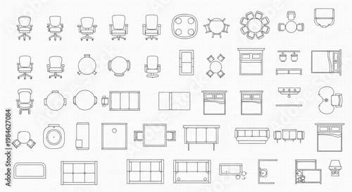 Architectural Symbols for Furniture and Doors in Top View.