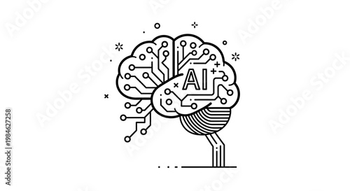 A futuristic illustration of a brain with AI technology emerging from it, surrounded by circuit lines and stars, showcasing innovation and intelligence.