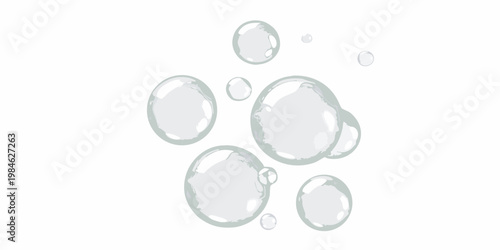 A collection of translucent grey bubbles against a white background
