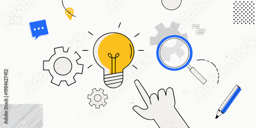 Creative concept with a lightbulb hand and various design elements