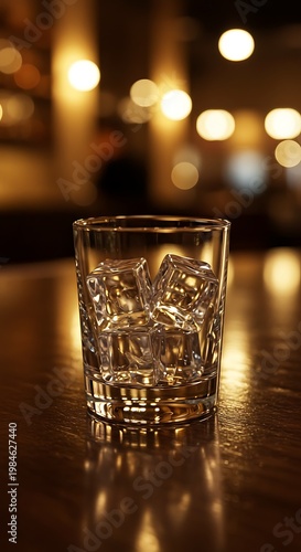Ice Cubes in Rocks Glass on Table, Warm Lighting