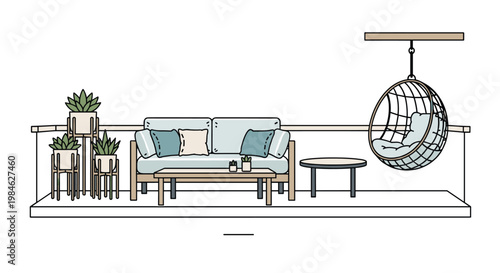 Cozy balcony space showcases a two-seater sofa with accent pillows, a coffee table, a small side table, a comfortable hanging egg chair, and potted plants on stands.