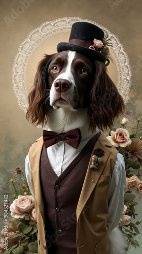 A dog wearing a top hat and a vest with a bow tie