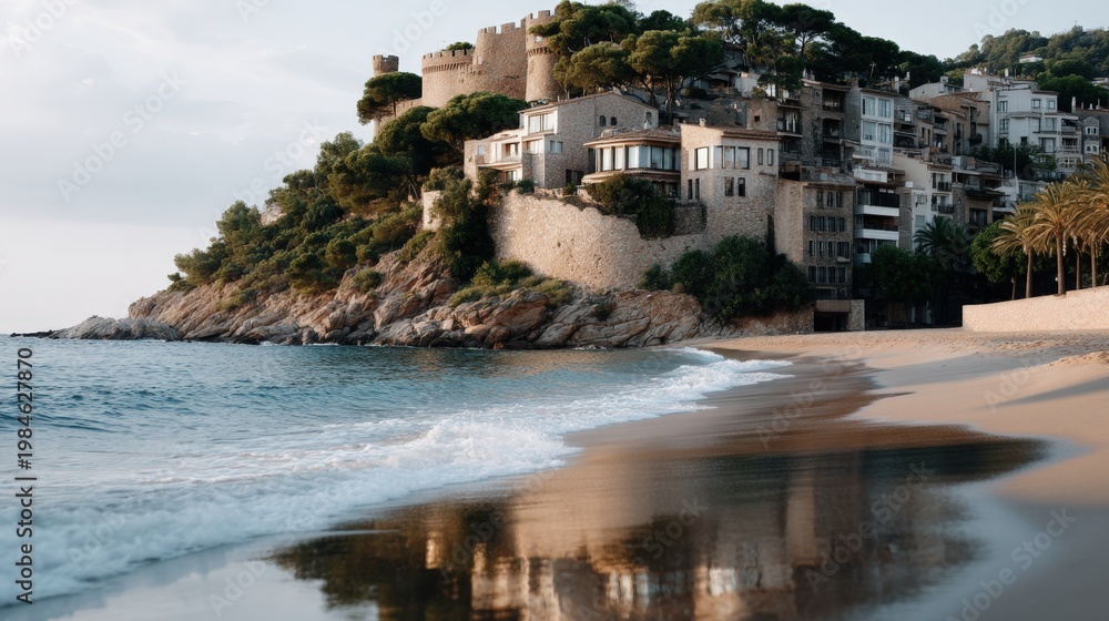 Fototapeta premium A castle stands on a cliff, providing a view of a beach and clear sea in a coastal village during a bright summer day