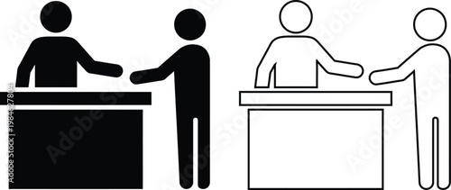 Vector icon set of customer at reception desk interacting with service clerk cashier in solid black silhouette and line outline styles isolated on white background for business support.
