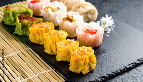Assortment of delicate crystal skin dumplings, showcasing vibrant colors and varied fillings, elegantly presented on a slate plate with bamboo accents, perfect for an exquisite dim sum experience.